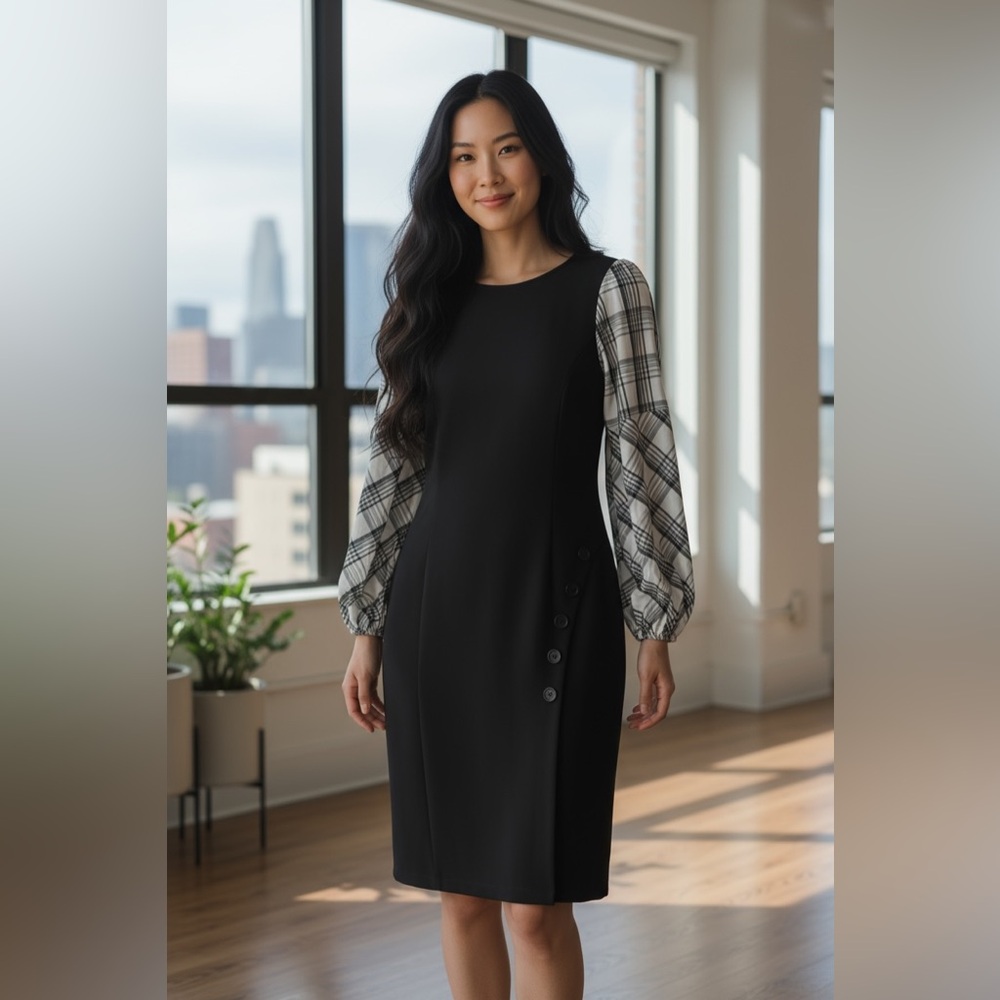 New York & Co. Black Ponte Knit Sheath Dress with Long Plaid Sleeves Size Large